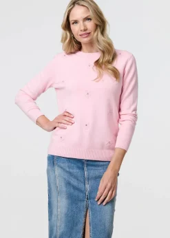 Tops>Izabel London Pink Floral Gemstone Embellished Jumper