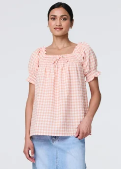 Tops>Izabel London Pink Gingham Check Puff Sleeve Blouse