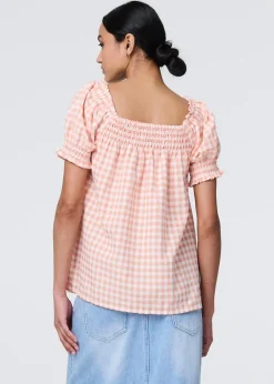Tops>Izabel London Pink Gingham Check Puff Sleeve Blouse