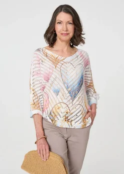 Tops>Izabel London Pink Heart Print Open Knit 3/4 Sleeve Top