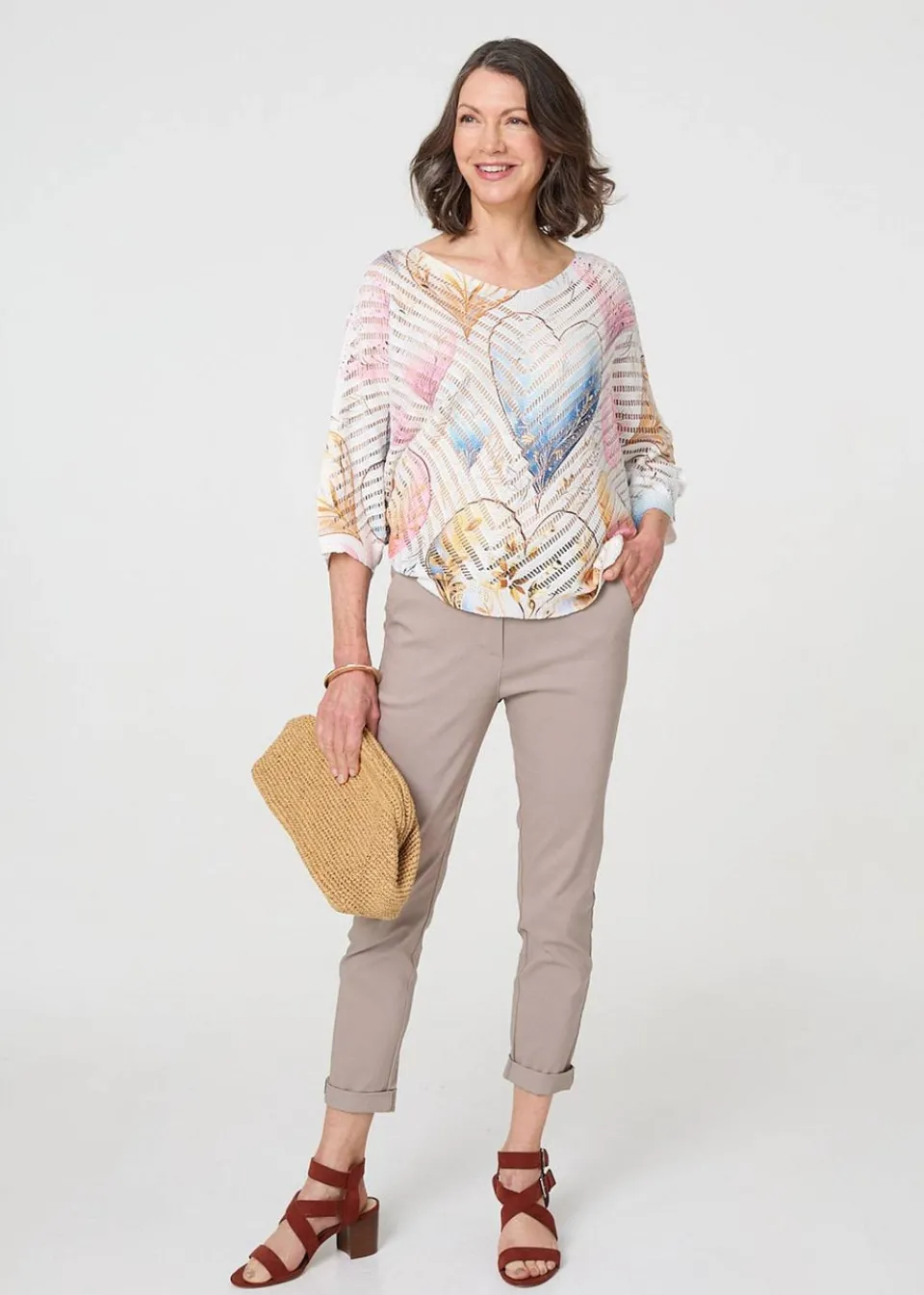 Tops>Izabel London Pink Heart Print Open Knit 3/4 Sleeve Top