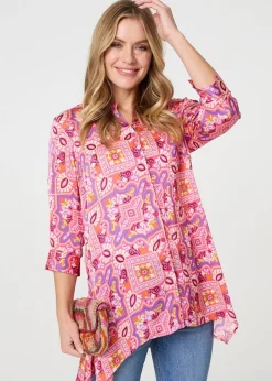 Tops>Izabel London Pink Mosaic Print 3/4 Sleeve Longline Blouse