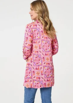 Tops>Izabel London Pink Mosaic Print 3/4 Sleeve Longline Blouse