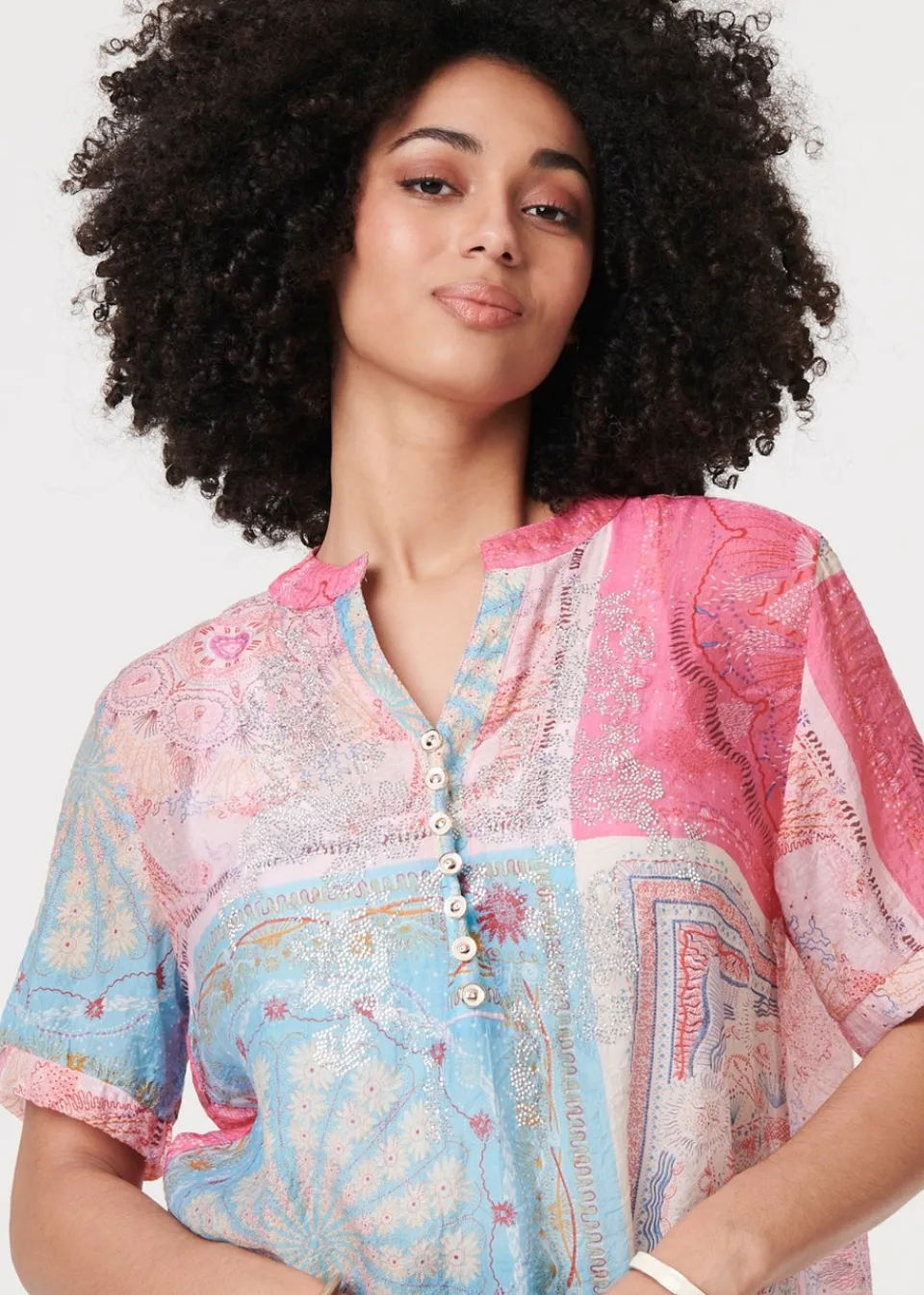 Tops>Izabel London Pink Patchwork Print Short Sleeve Blouse