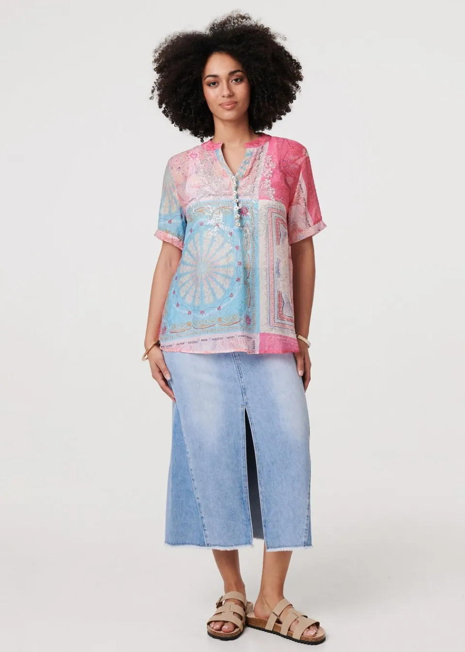 Tops>Izabel London Pink Patchwork Print Short Sleeve Blouse
