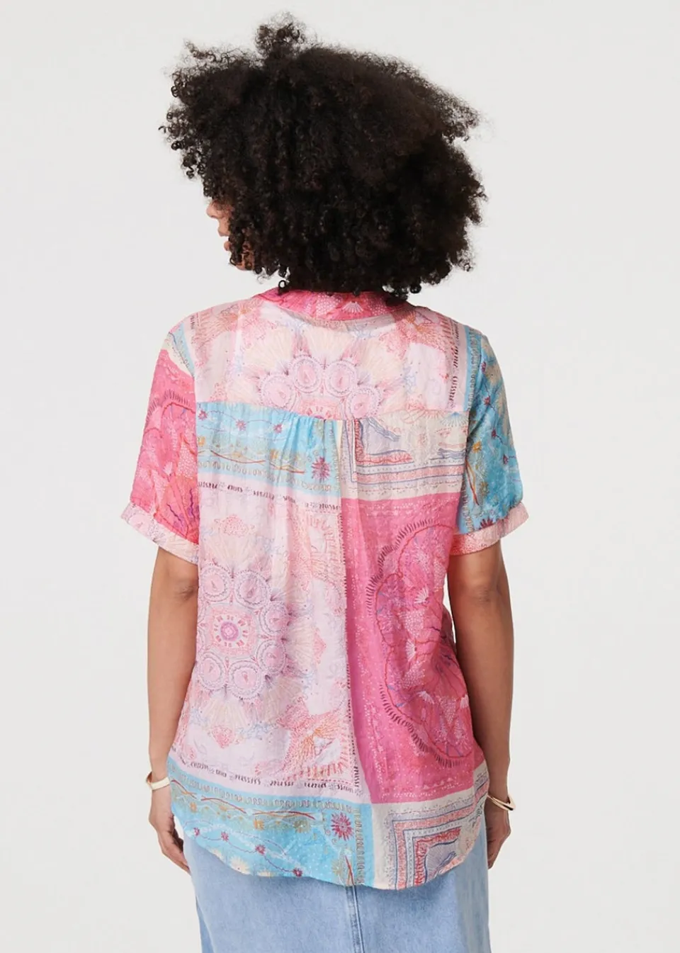 Tops>Izabel London Pink Patchwork Print Short Sleeve Blouse