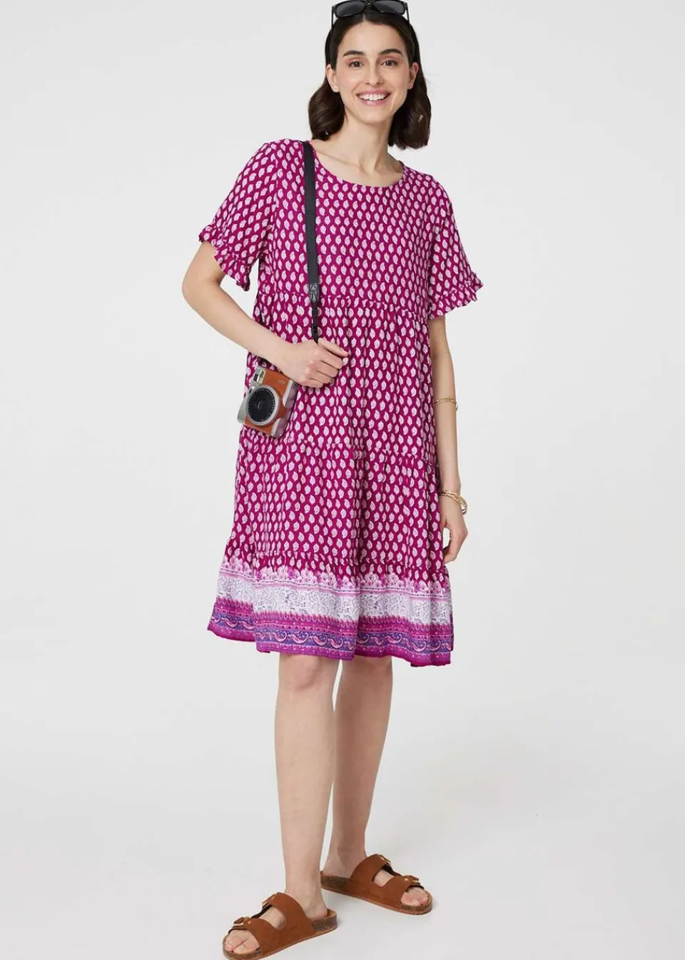 Dresses>Izabel London Pink Printed Short Sleeve Tiered Smock Dress