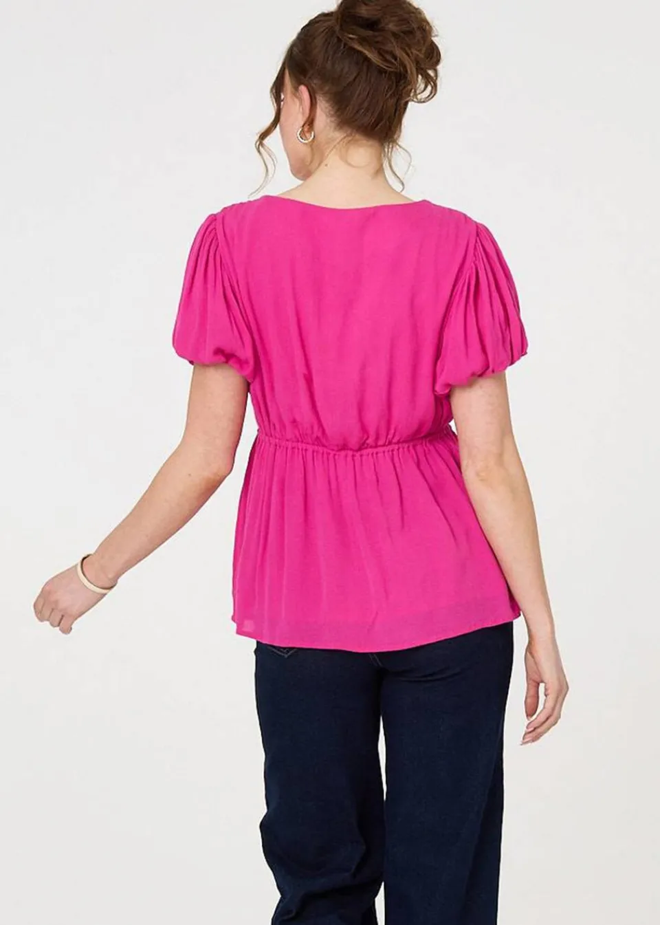 Tops>Izabel London Pink Ruched Short Puff Sleeve Peplum Blouse