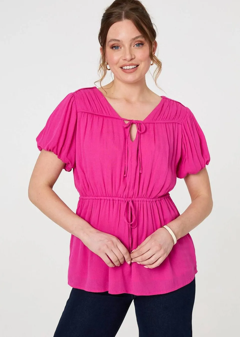 Tops>Izabel London Pink Ruched Short Puff Sleeve Peplum Blouse