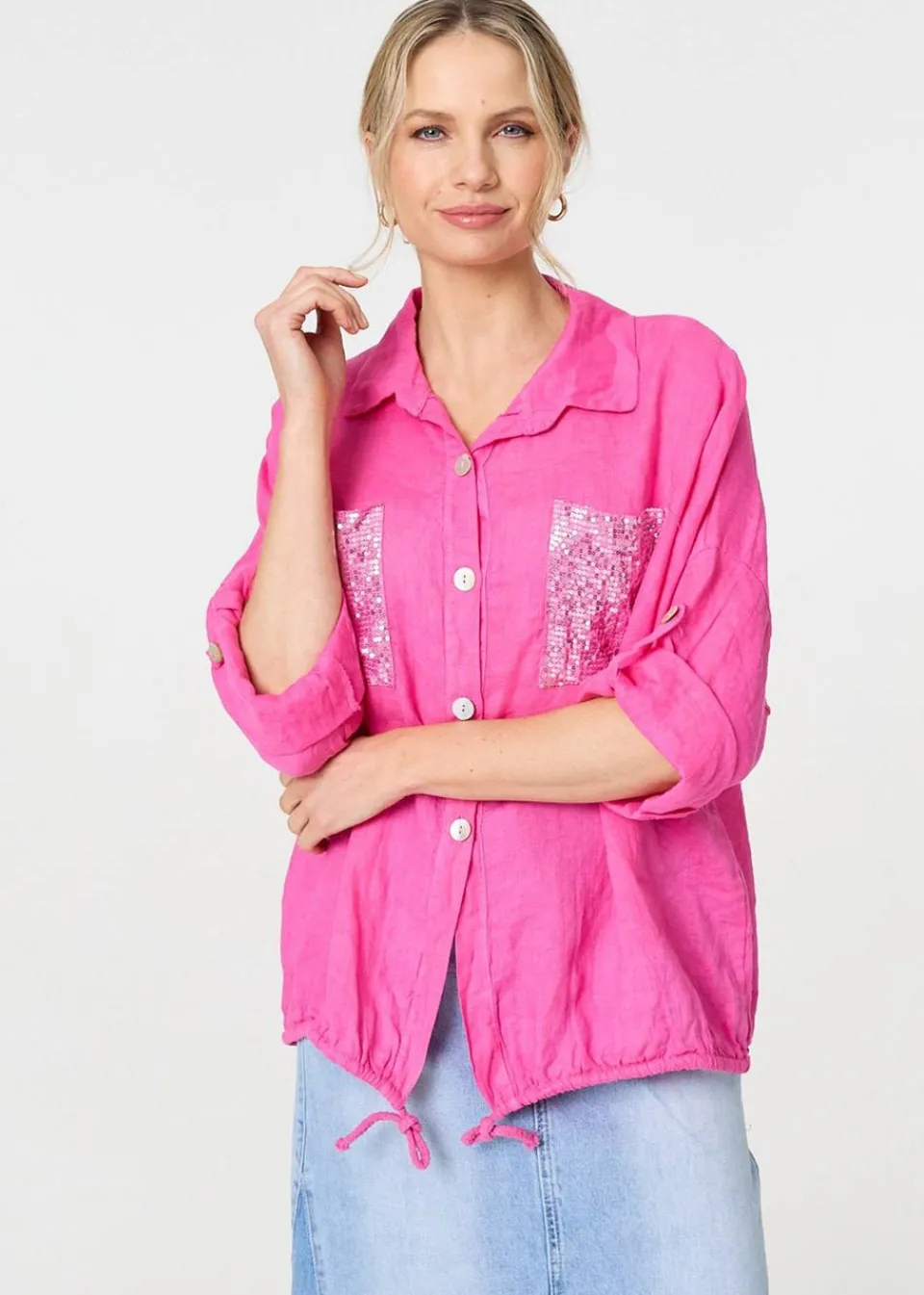 Tops>Izabel London Pink Sequin Detail 3/4 Turn-Up Sleeve Shirt