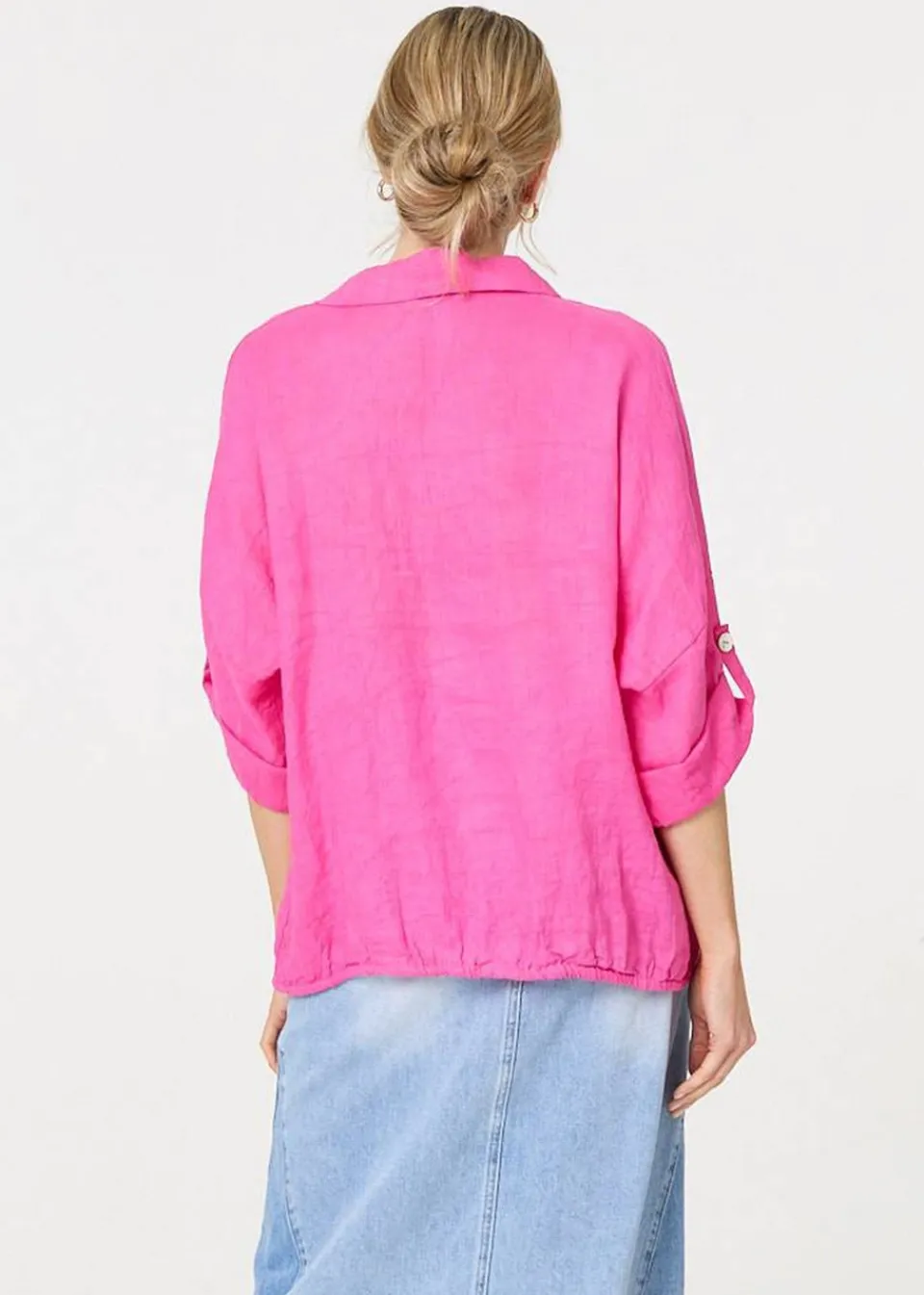 Tops>Izabel London Pink Sequin Detail 3/4 Turn-Up Sleeve Shirt