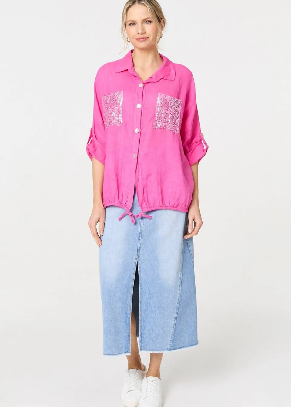 Tops>Izabel London Pink Sequin Detail 3/4 Turn-Up Sleeve Shirt