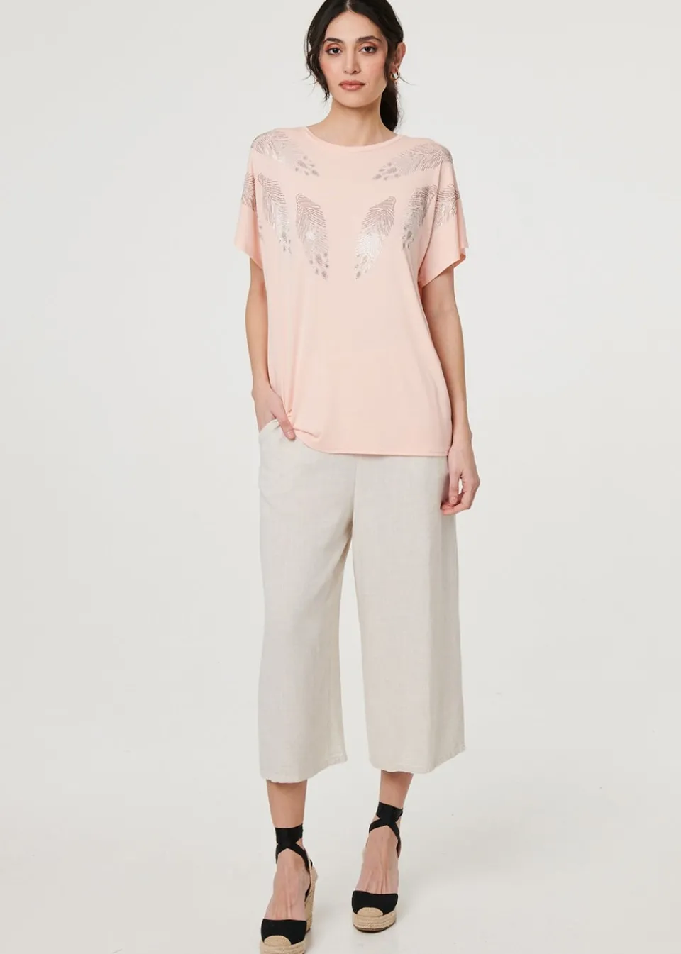 T-Shirts>Izabel London Pink Sparkly Feather Print Relaxed T-Shirt