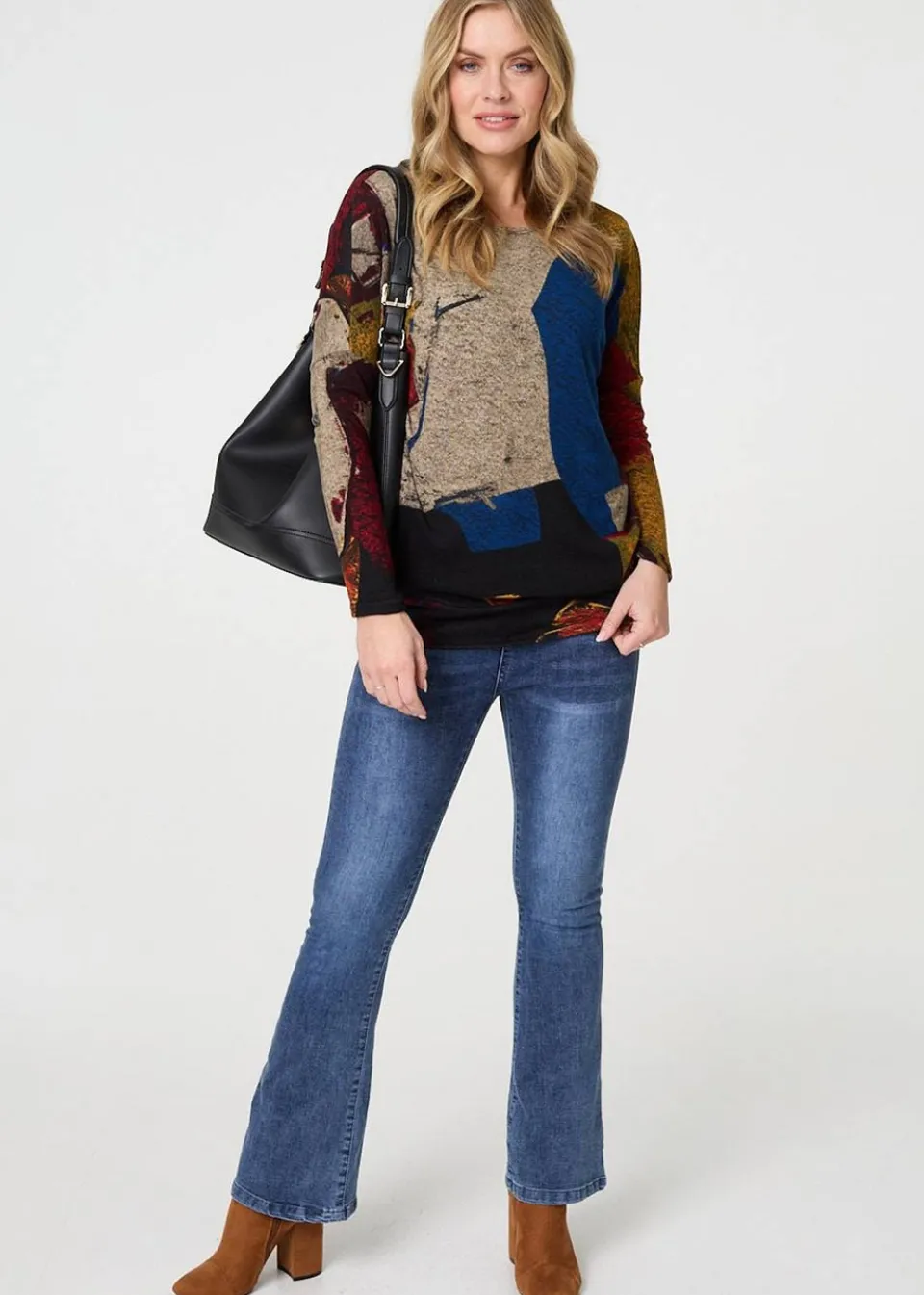 Tops>Izabel London Red Abstract Long Sleeve Relaxed Knit Top