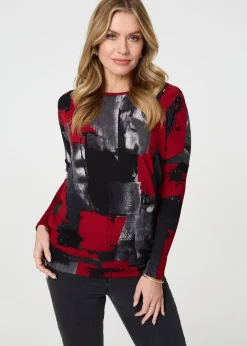Tops>Izabel London Red Abstract Knit Long Sleeve Jumper