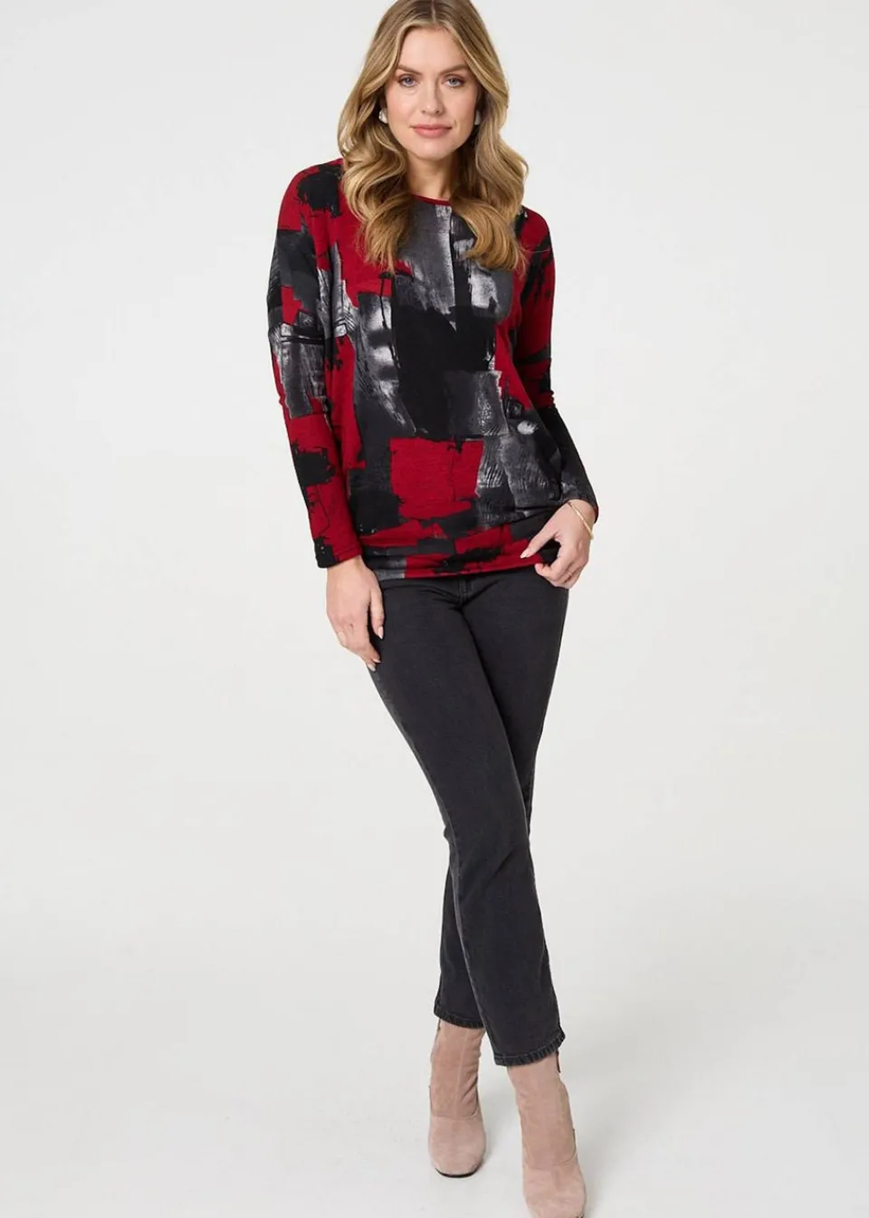 Tops>Izabel London Red Abstract Knit Long Sleeve Jumper