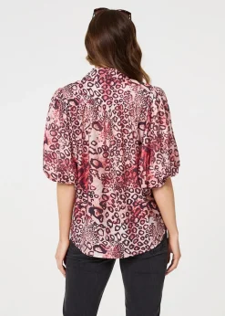 Tops>Izabel London Red Animal Print Puff Sleeve Shirt