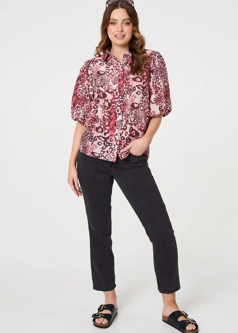 Tops>Izabel London Red Animal Print Puff Sleeve Shirt