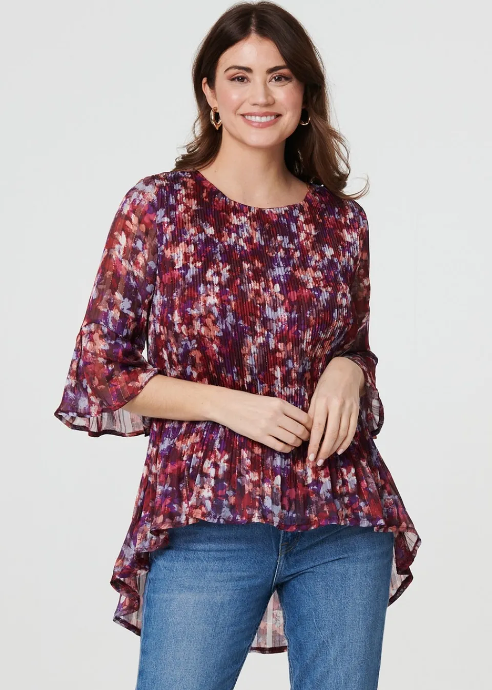 Tops>Izabel London Red Animal Print Pleated 3/4 Sleeve Blouse