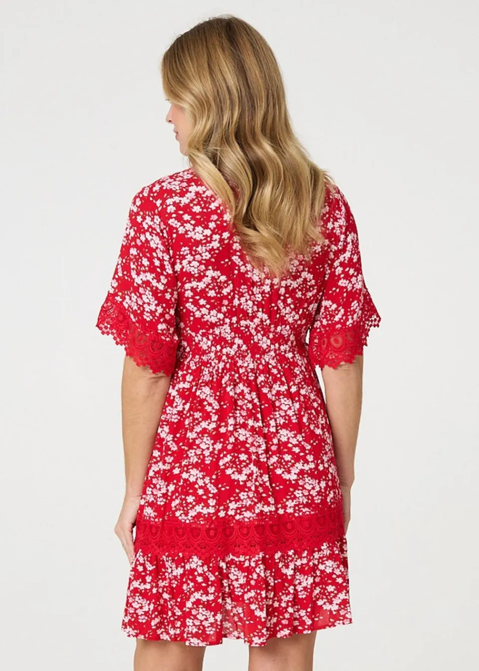Dresses>Izabel London Red Floral Lace Trim 1/2 Sleeve Mini Dress