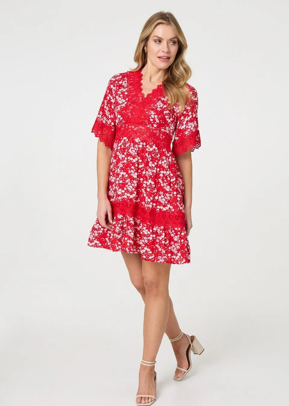 Dresses>Izabel London Red Floral Lace Trim 1/2 Sleeve Mini Dress