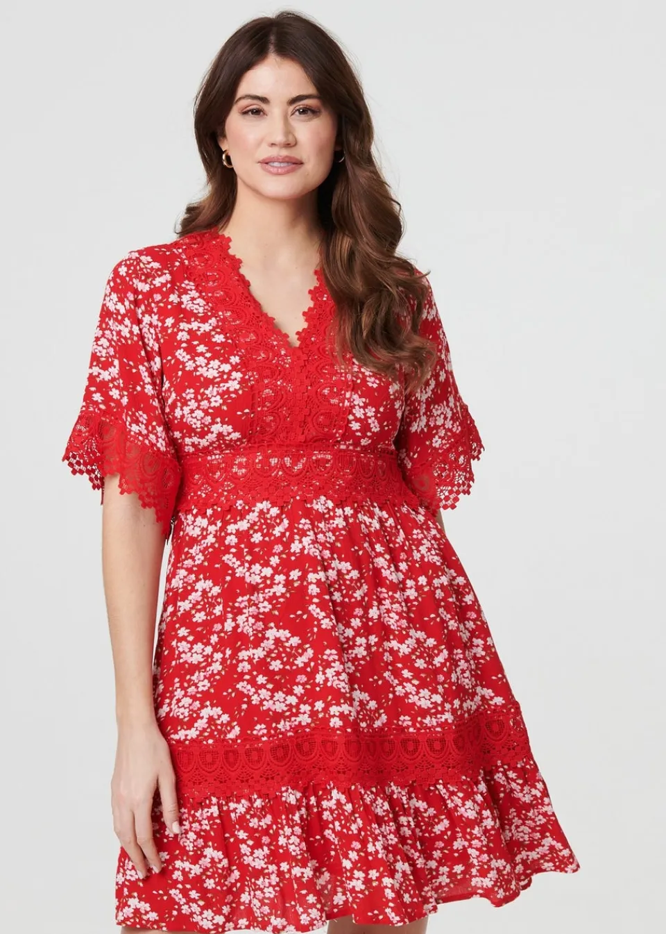 Dresses>Izabel London Red Floral Lace Trim 1/2 Sleeve Mini Dress