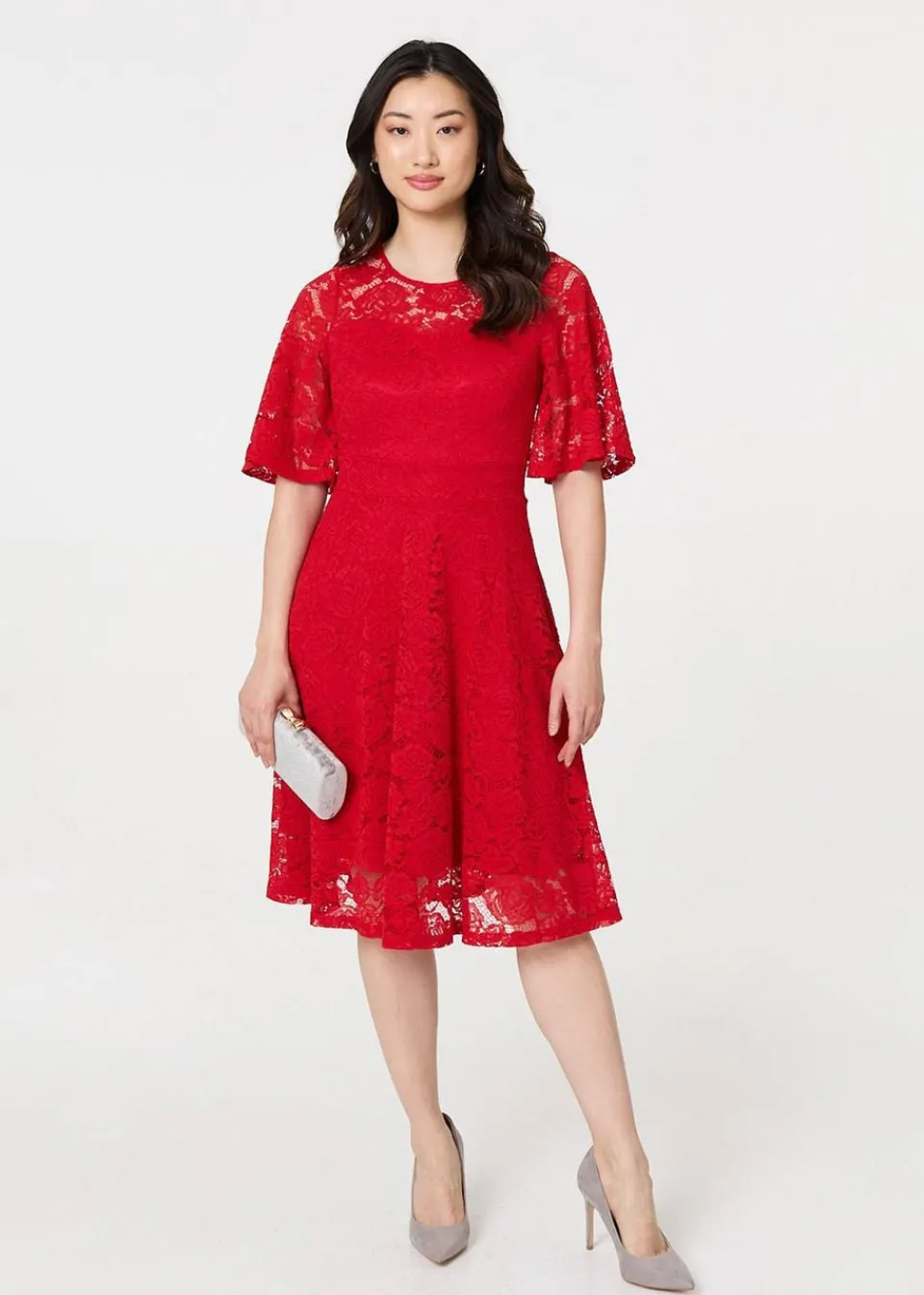 Dresses>Izabel London Red Lace Overlay Knee Length Skater Dress