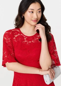 Dresses>Izabel London Red Lace Overlay Knee Length Skater Dress