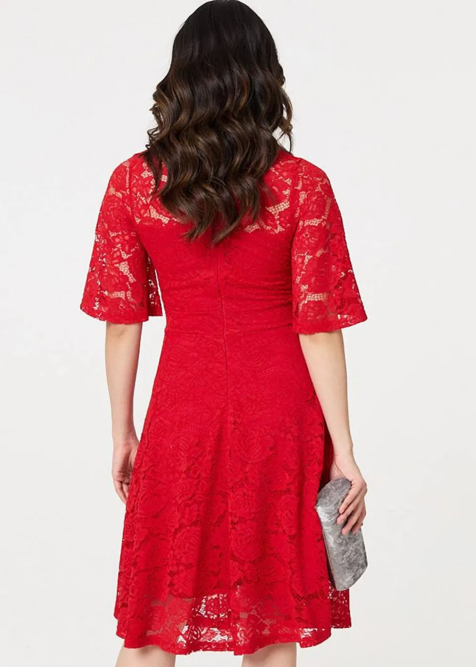 Dresses>Izabel London Red Lace Overlay Knee Length Skater Dress