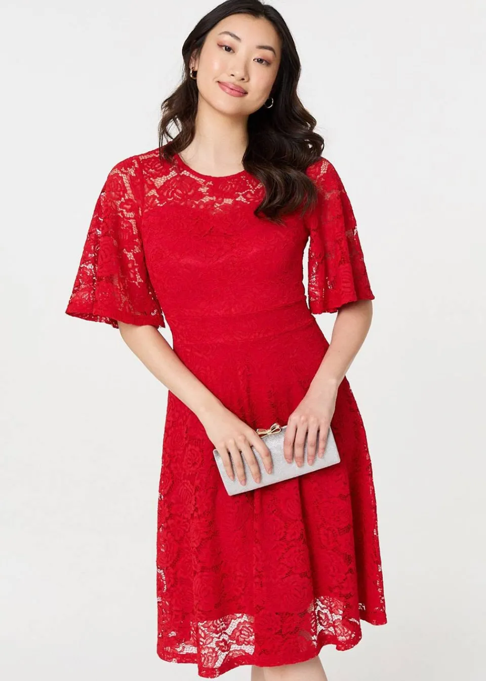 Dresses>Izabel London Red Lace Overlay Knee Length Skater Dress