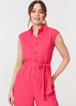 Jumpsuits & Playsuits>Izabel London Red Sleeveless Tie Waist Button-Up Jumpsuit