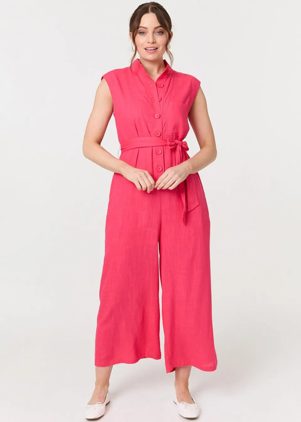 Jumpsuits & Playsuits>Izabel London Red Sleeveless Tie Waist Button-Up Jumpsuit