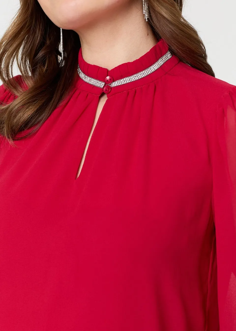 Tops>Izabel London Red Sparkle Trim High Neck Semi Sheer Blouse