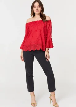 Tops>Izabel London Red Textured Semi Sheer Bardot Blouse