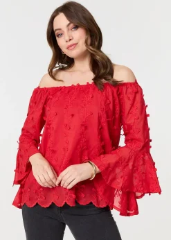 Tops>Izabel London Red Textured Semi Sheer Bardot Blouse