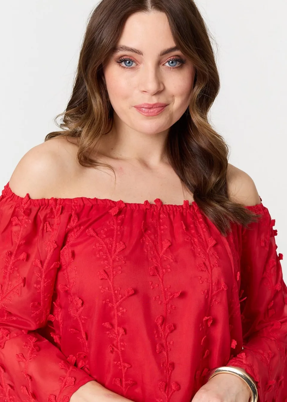 Tops>Izabel London Red Textured Semi Sheer Bardot Blouse