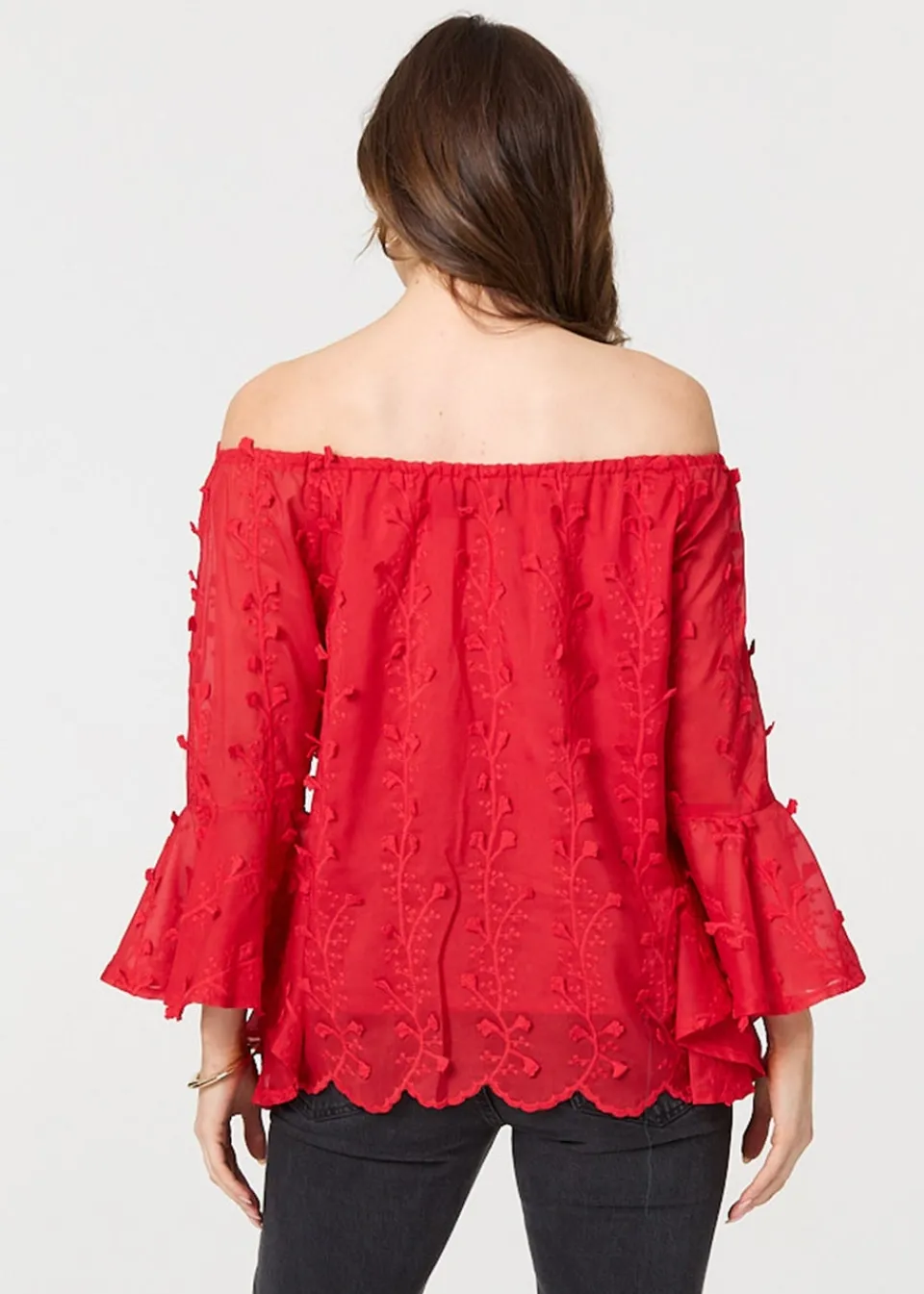 Tops>Izabel London Red Textured Semi Sheer Bardot Blouse