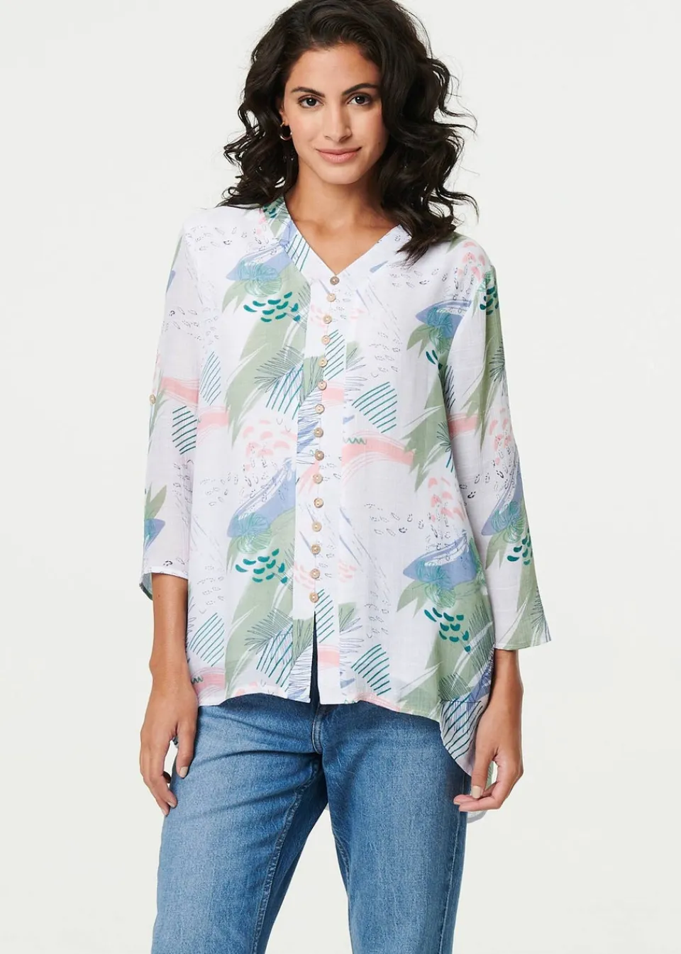 Tops>Izabel London Sage Abstract 3/4 Sleeve Relaxed Blouse