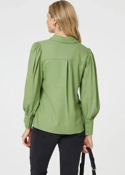 Tops>Izabel London Sage Plain Puff Sleeve Button-Up Shirt