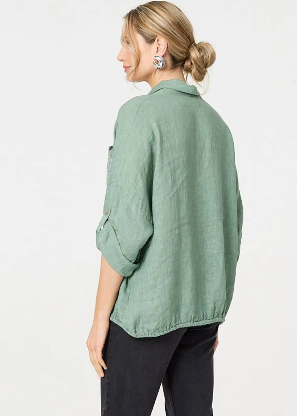 Tops>Izabel London Sage Sequin Detail 3/4 Turn-Up Sleeve Shirt