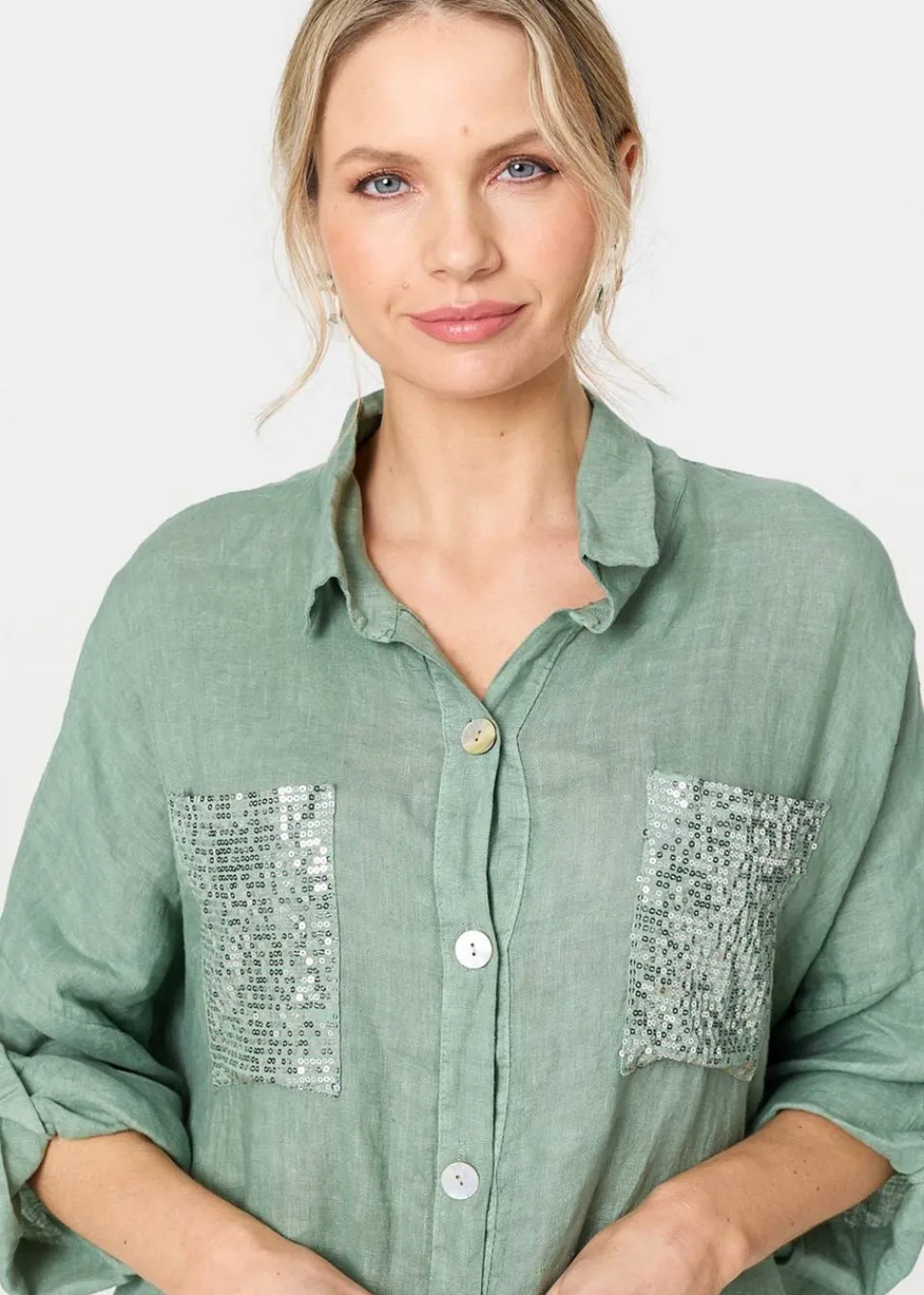 Tops>Izabel London Sage Sequin Detail 3/4 Turn-Up Sleeve Shirt