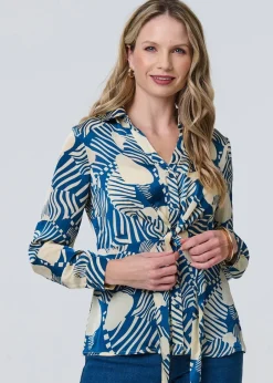 Tops>Izabel London Teal Printed Tie Front Long Sleeve Blouse