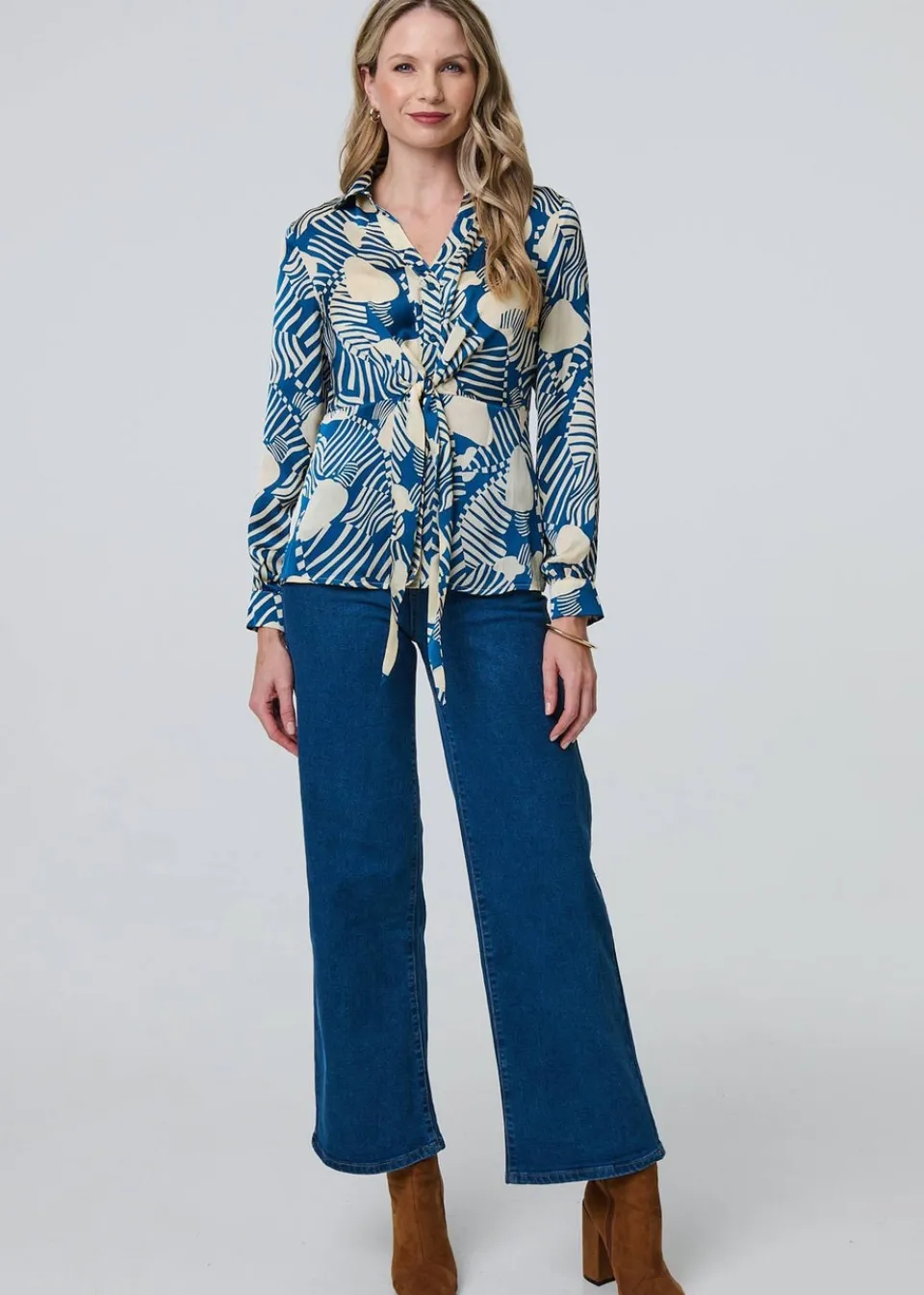 Tops>Izabel London Teal Printed Tie Front Long Sleeve Blouse