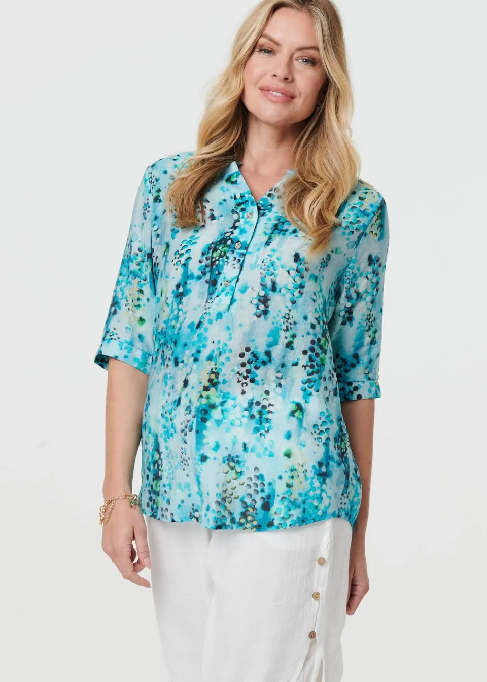 Tops>Izabel London Turquoise Printed 3/4 Sleeve Relaxed V-Neck Blouse