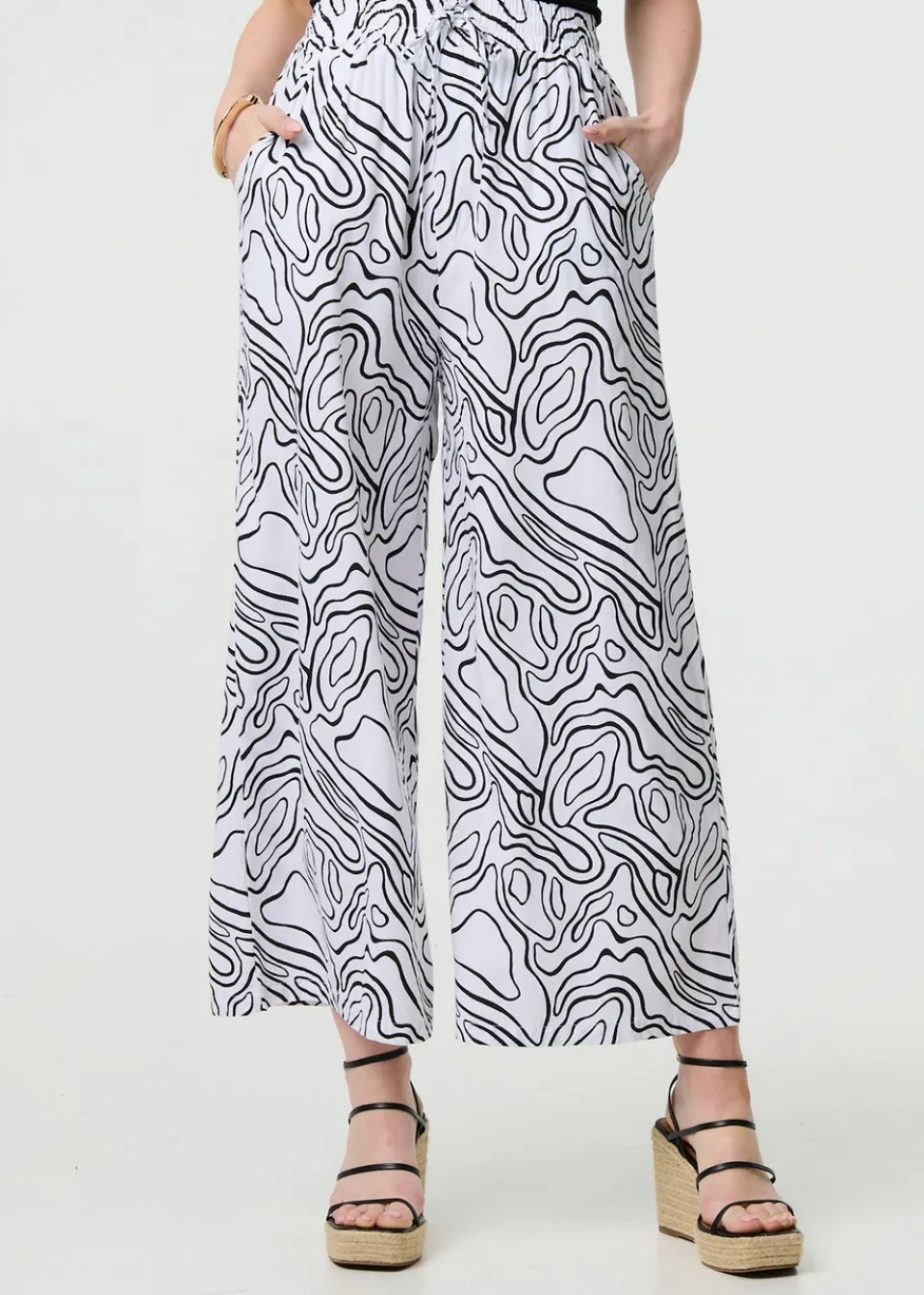 Trousers>Izabel London White Abstract Print High Waist Wide Leg Trousers