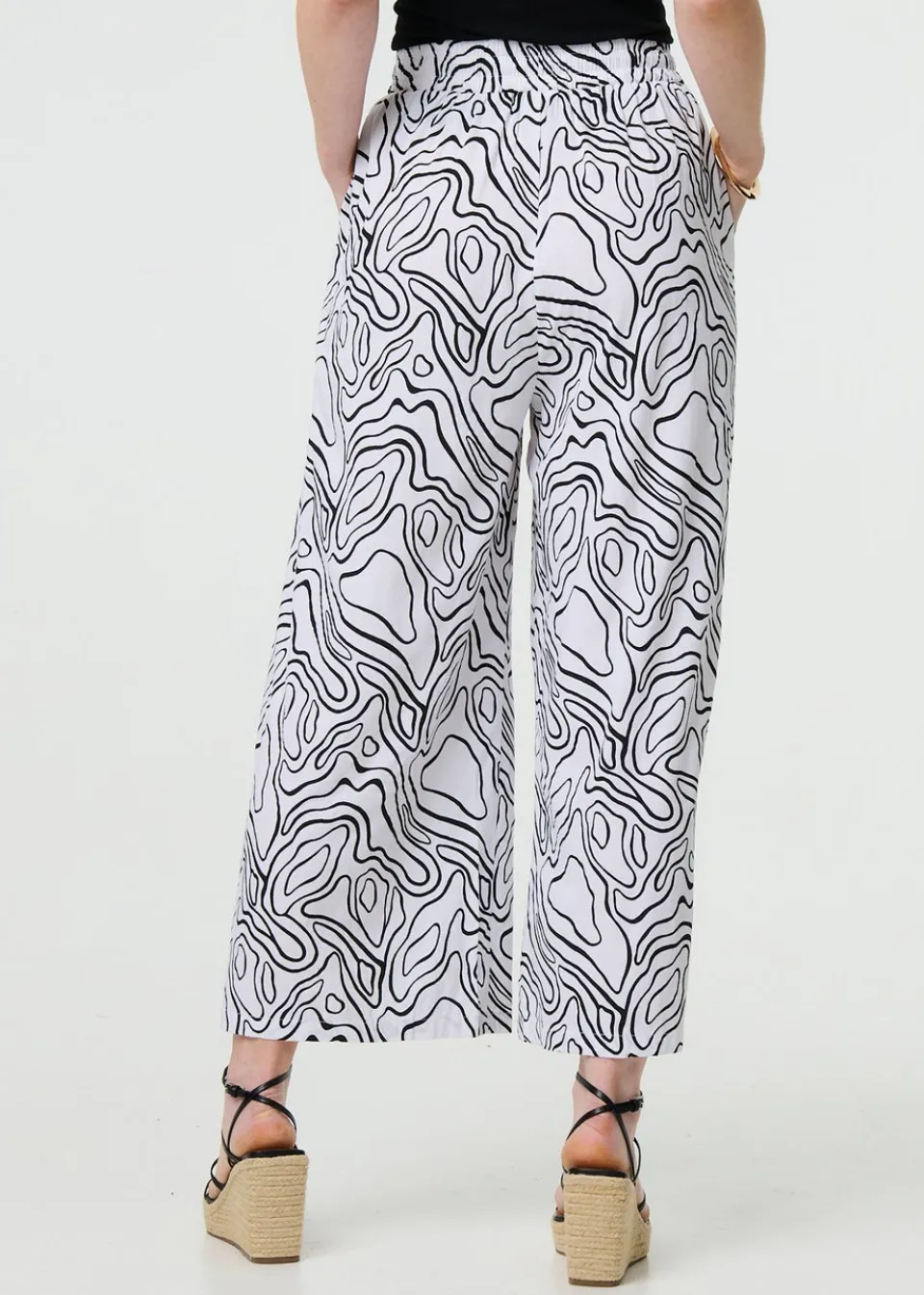 Trousers>Izabel London White Abstract Print High Waist Wide Leg Trousers