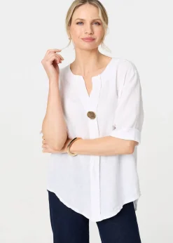 Tops>Izabel London White Button Detail V-Neck Blouse