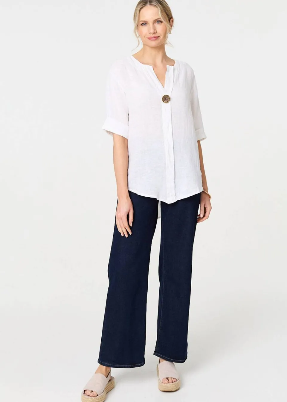 Tops>Izabel London White Button Detail V-Neck Blouse