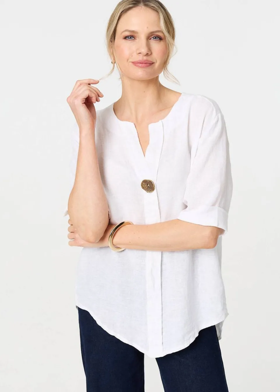 Tops>Izabel London White Button Detail V-Neck Blouse