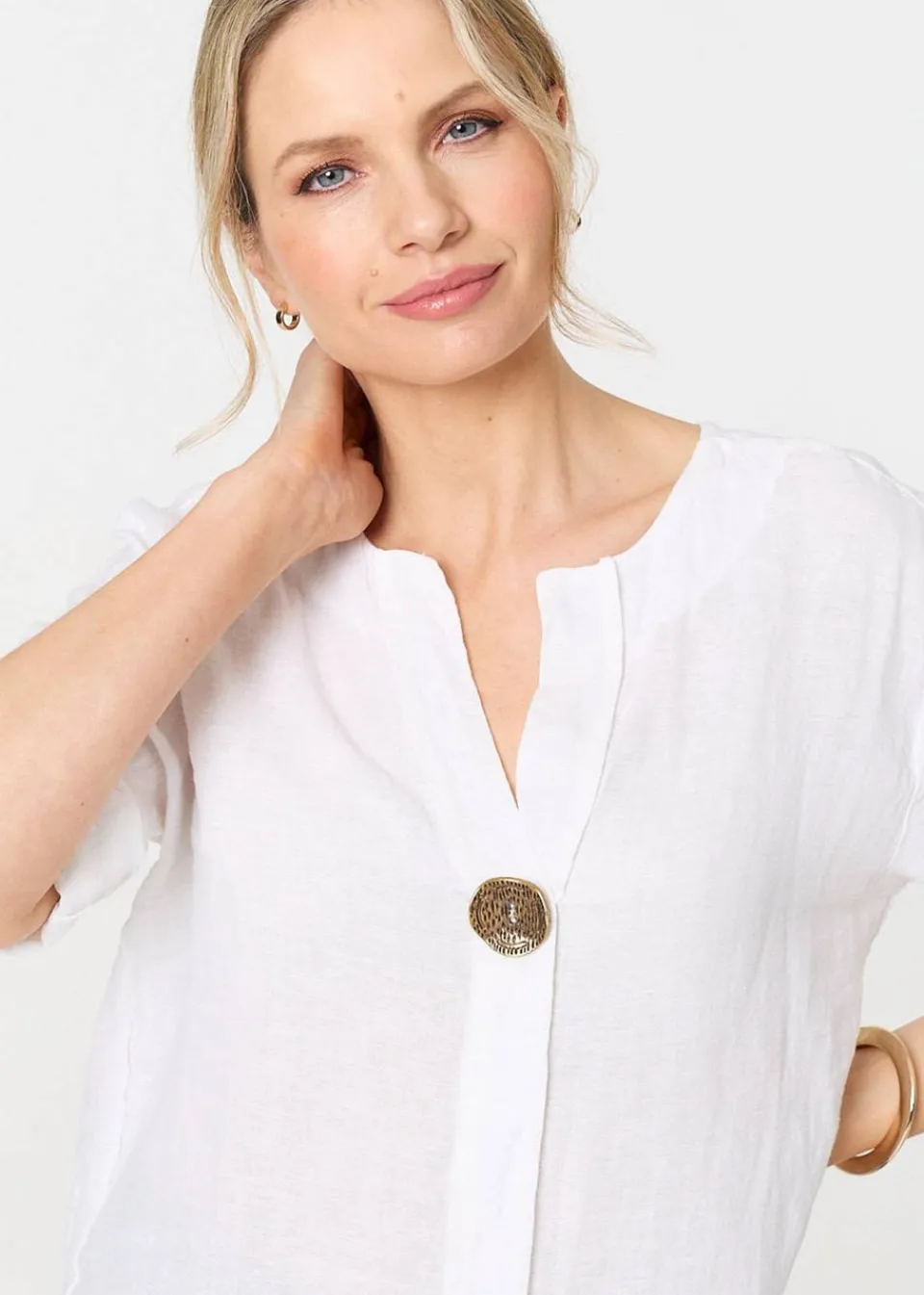 Tops>Izabel London White Button Detail V-Neck Blouse